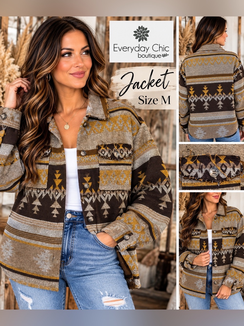 Everyday Chic Tribal Stripe Shacket Jacket - Taupe & Mustard